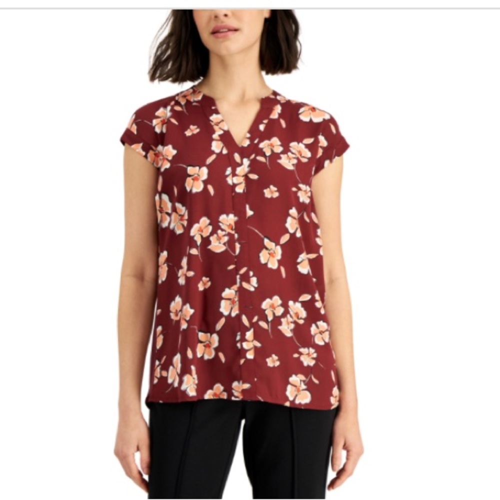 Alfani Mixed-Media Cap-Sleeve Top- Floral Crimson